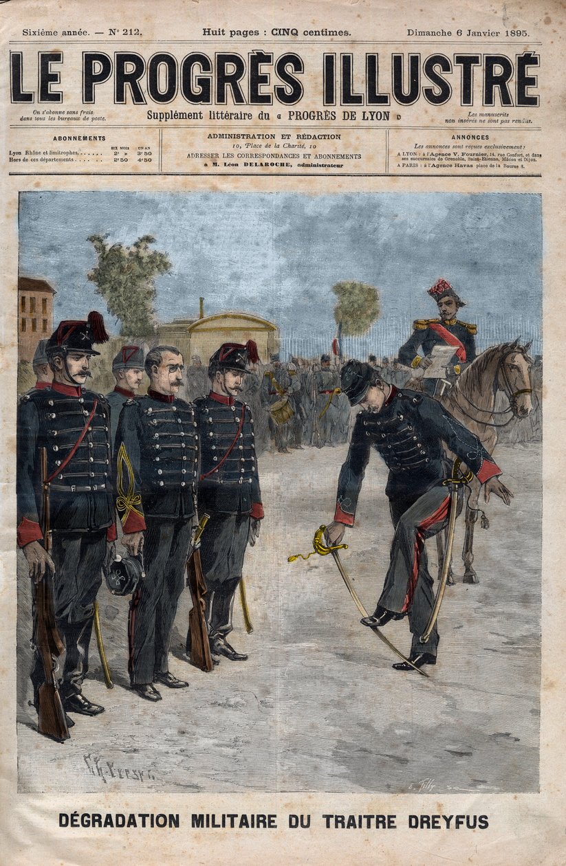 Alfred Dreyfusin huononeminen - Dreyfusin tapaus: Alfred Dreyfusin huononeminen sotakoulun sisäpihalla, Pariisi, 5. tammikuuta 1895 - Kaiverrus kirjaan "The illustrious progress" 1895 - tekijältä Unknown artist