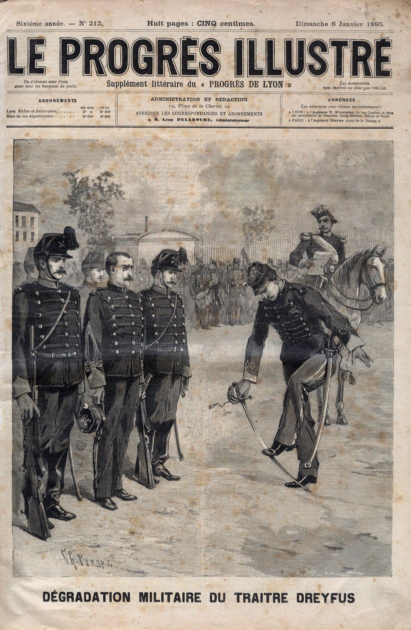 Alfred Dreyfusin huononeminen - Dreyfusin tapaus: Alfred Dreyfusin huononeminen sotakoulun sisäpihalla, Pariisi, 5. tammikuuta 1895 - Kaiverrus kirjaan "The illustrious progress" 1895 - tekijältä Unknown artist
