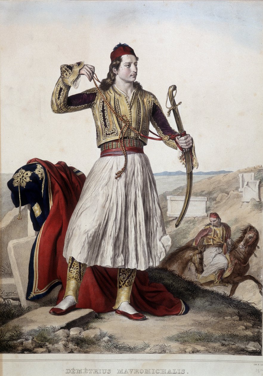 Demetrius Mavromichalis perinteisessä ratsastajaasussa - litografia tekijältä Unknown artist
