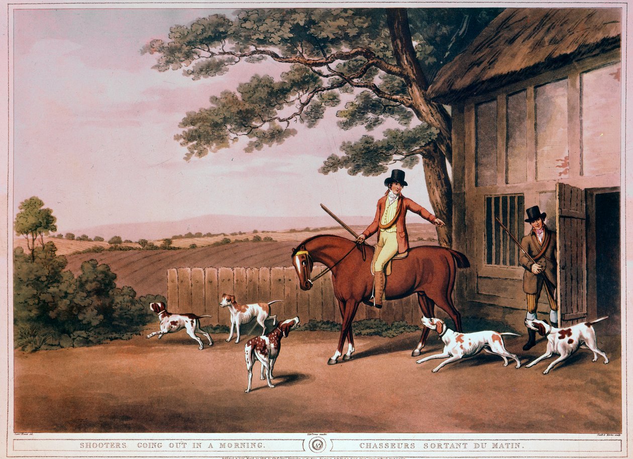 Lähti metsästämään varhain aamulla metsästäjän ja hänen koiriensa luona Englantiin. Kaiverrus 1800-luvulta. Gien, metsästysmuseo tekijältä Unknown artist