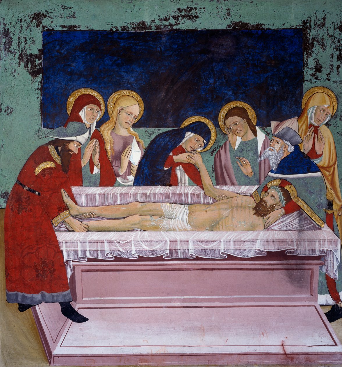 Laskeuma haudassa, Kristuksen elämä (1400-luku), freskoja, Pyhän Sebastianin kappeli, Villard-de-Lans, Rhône-Alpes, Ranska. tekijältä Unknown artist