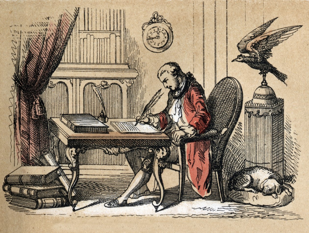 Kuvaus eri tuotteista ja paperin käyttötavoista: muotokuva Georges Louis Leclercistä, Buffonin kreivistä, luonnontieteilijästä ja kirjailijasta (1707-1788), joka kirjoittaa Natural Historyaan. Levy "" Le papier et ses produits"" in "" les Recreations instr tekijältä Unknown artist