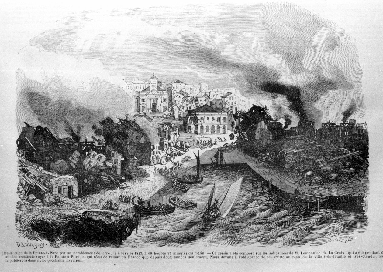 Pointe à Pitren (Guadeloupe) tuhoutuminen maanjäristyksessä 8.2.1843. Kaiverrus 1843. tekijältä Unknown artist