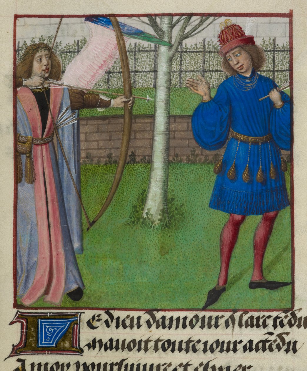 Detaliu al unei miniaturi cu Amour (Dragoste) care vizează Iubitul cu arc și săgeți, din finlandeză „Le Roman de la Rose” tekijältä Unknown artist