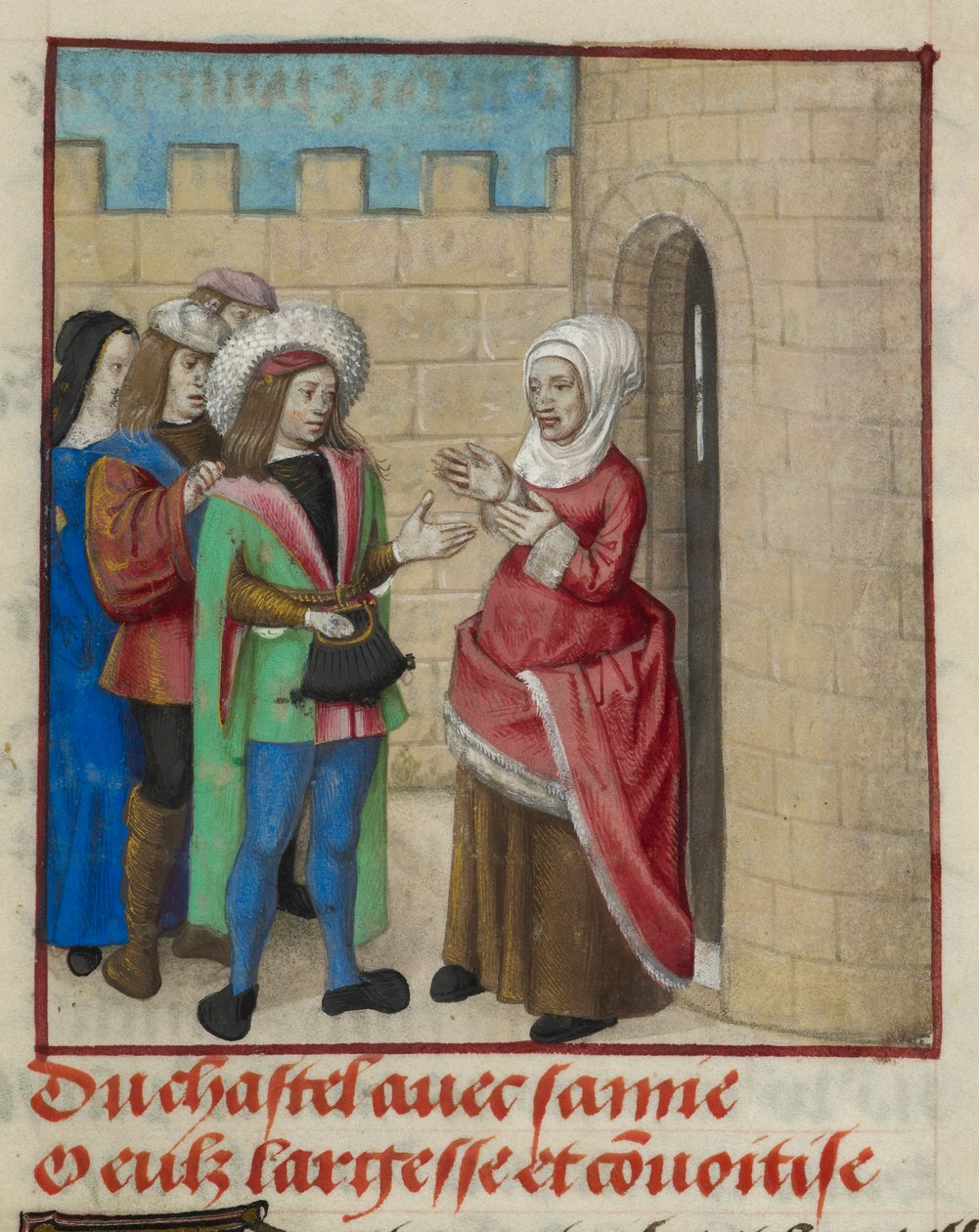 Yksityiskohta Convoitisen (Ahneus) ja Largessen (Anteliaisuus) miniatyyri saapumassa linnaan Le Roman de la Rosesta tekijältä Unknown artist