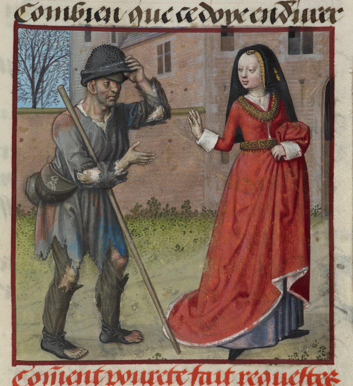 Yksityiskohta miniatyyrikuvasta Pauvretesta (Köyhyys), joka kerjää Richessestä (rikkautta), Le Roman de la Rosesta tekijältä Unknown artist