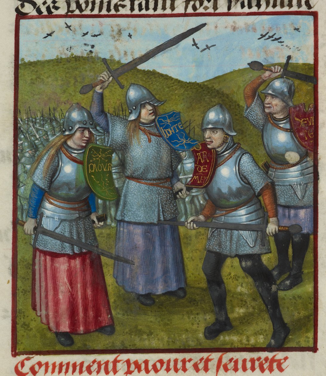 Yksityiskohta miniatyyri Peurin, Honten ja muiden allegorioiden taistelusta. Miehet ja naiset panssaroiduissa taisteluissa, Le Roman de la Rosesta tekijältä Unknown artist