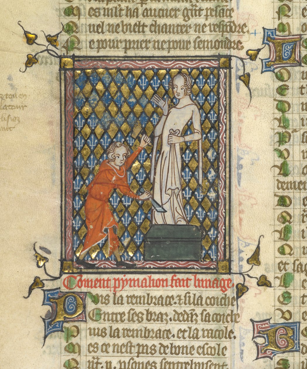 Yksityiskohta Pygmalionin pienoismallista ennen patsaan, "Le Roman de la Rose", n. 1380 (miniatyyri) tekijältä Unknown artist