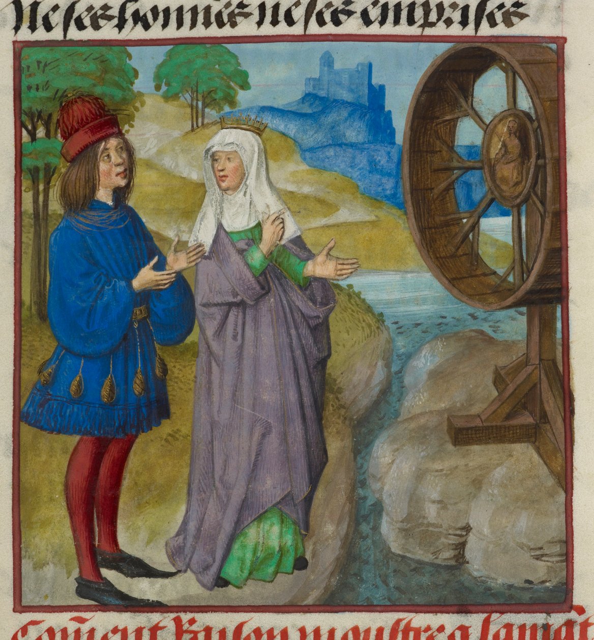 Yksityiskohta Raisonin (Reason) pienoismallista, joka näyttää Onnenpyörän rakastajalle, Le Roman de la Rosesta tekijältä Unknown artist