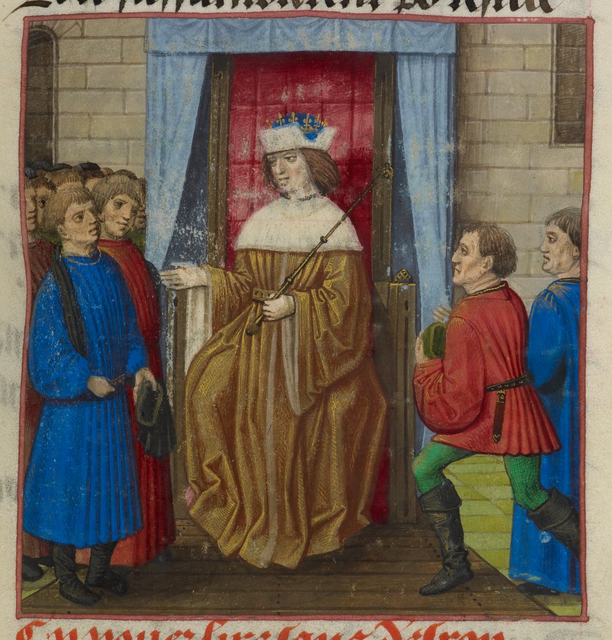 Yksityiskohta kuninkaasta ja hänen hovistaan pienoiskuvasta "Le Roman de la Rose" tekijältä Unknown artist