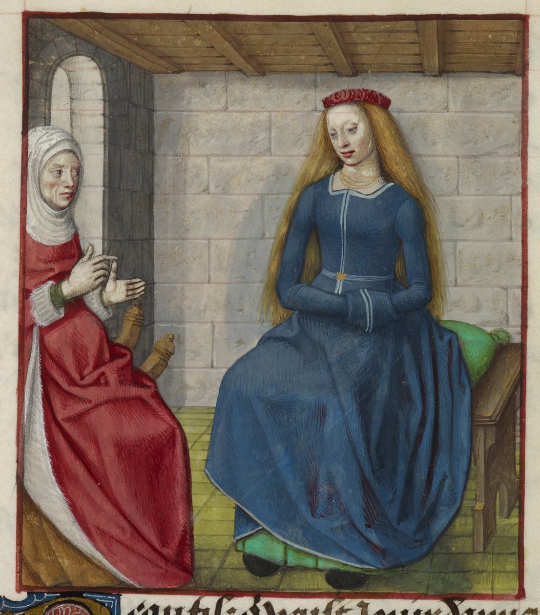 Yksityiskohta pienoiskoosta la Vieillestä (Duenna) ja Bel Accueilista (Fair Welcome), Le Roman de la Rosesta tekijältä Unknown artist