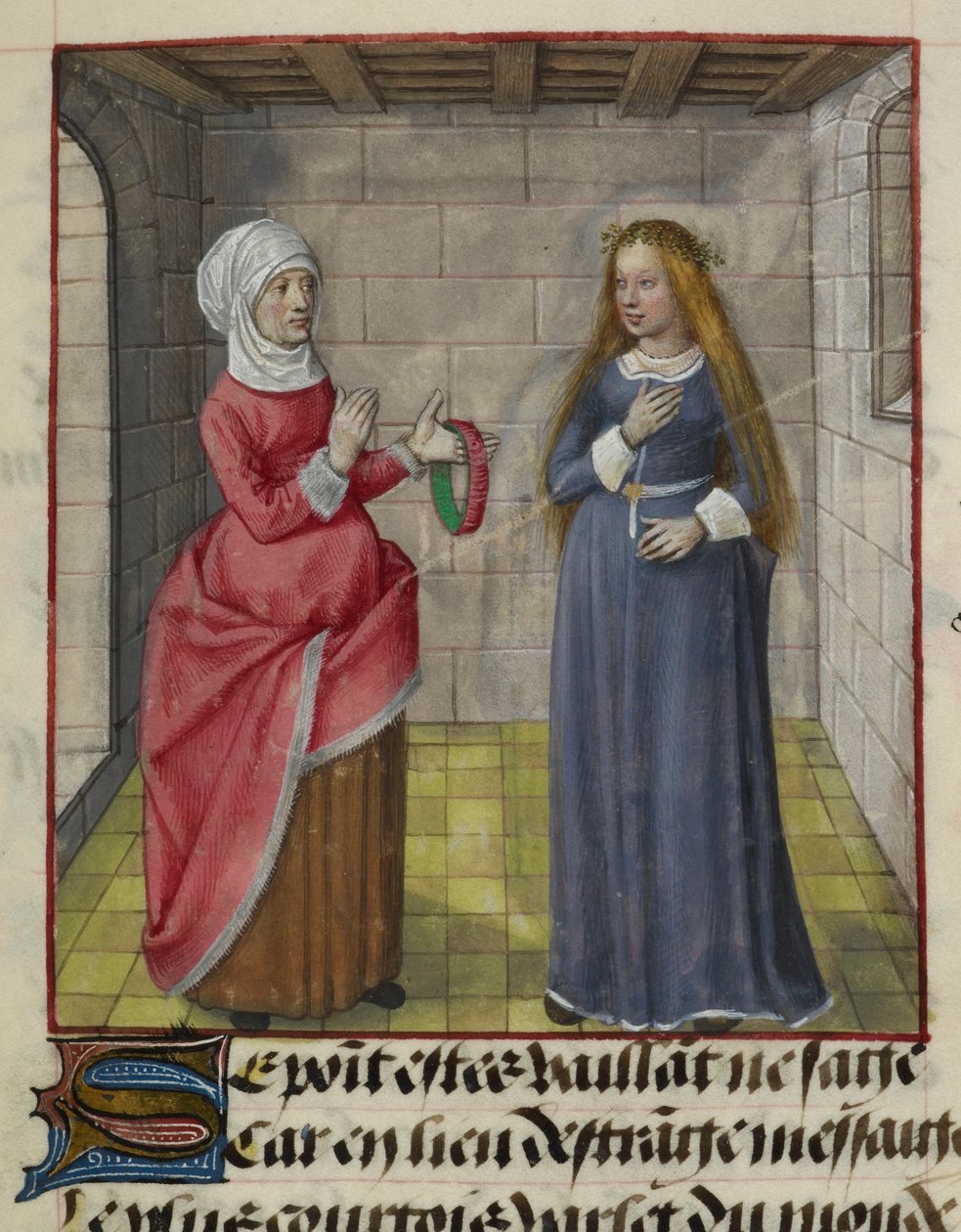 Yksityiskohta pienoiskoosta la Vieillestä (Duenna) ja Bel Accueilista (Fair Welcome), Le Roman de la Rosesta tekijältä Unknown artist