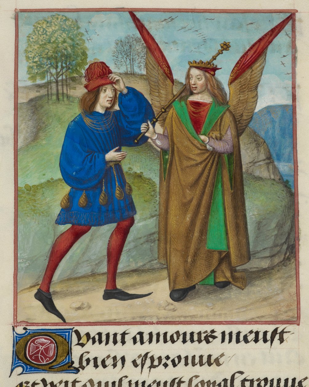 Yksityiskohta Pienoiskuvasta rakastajasta ja rakkaudesta (Rakkaus), elokuvasta "Le Roman de la Rose" tekijältä Unknown artist