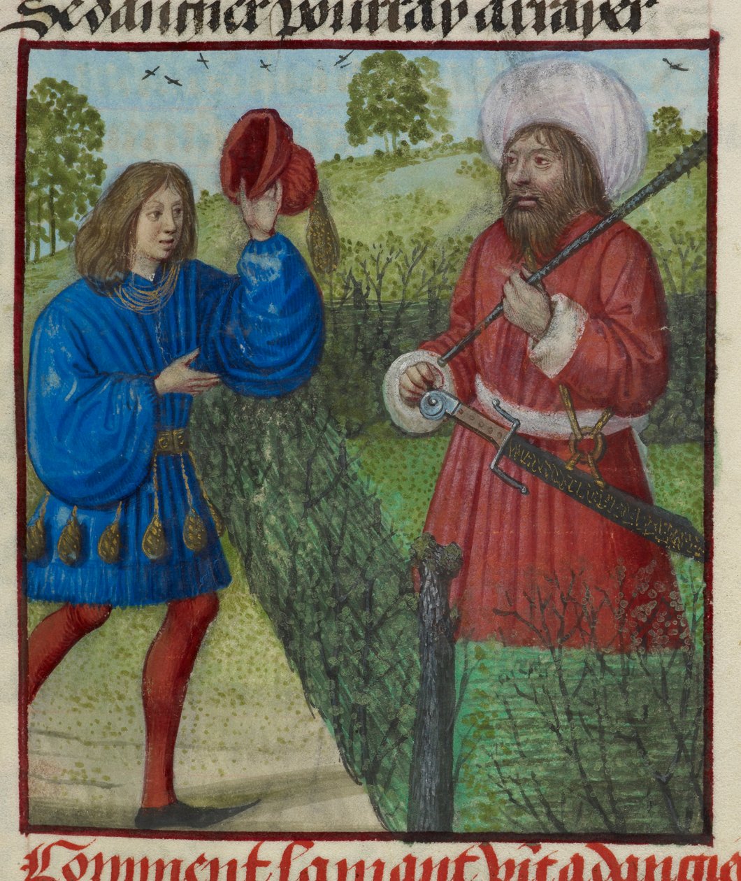 Yksityiskohta Pienoiskuvasta, jossa rakastaja tervehti vaaraa, Le Roman de la Rosesta tekijältä Unknown artist