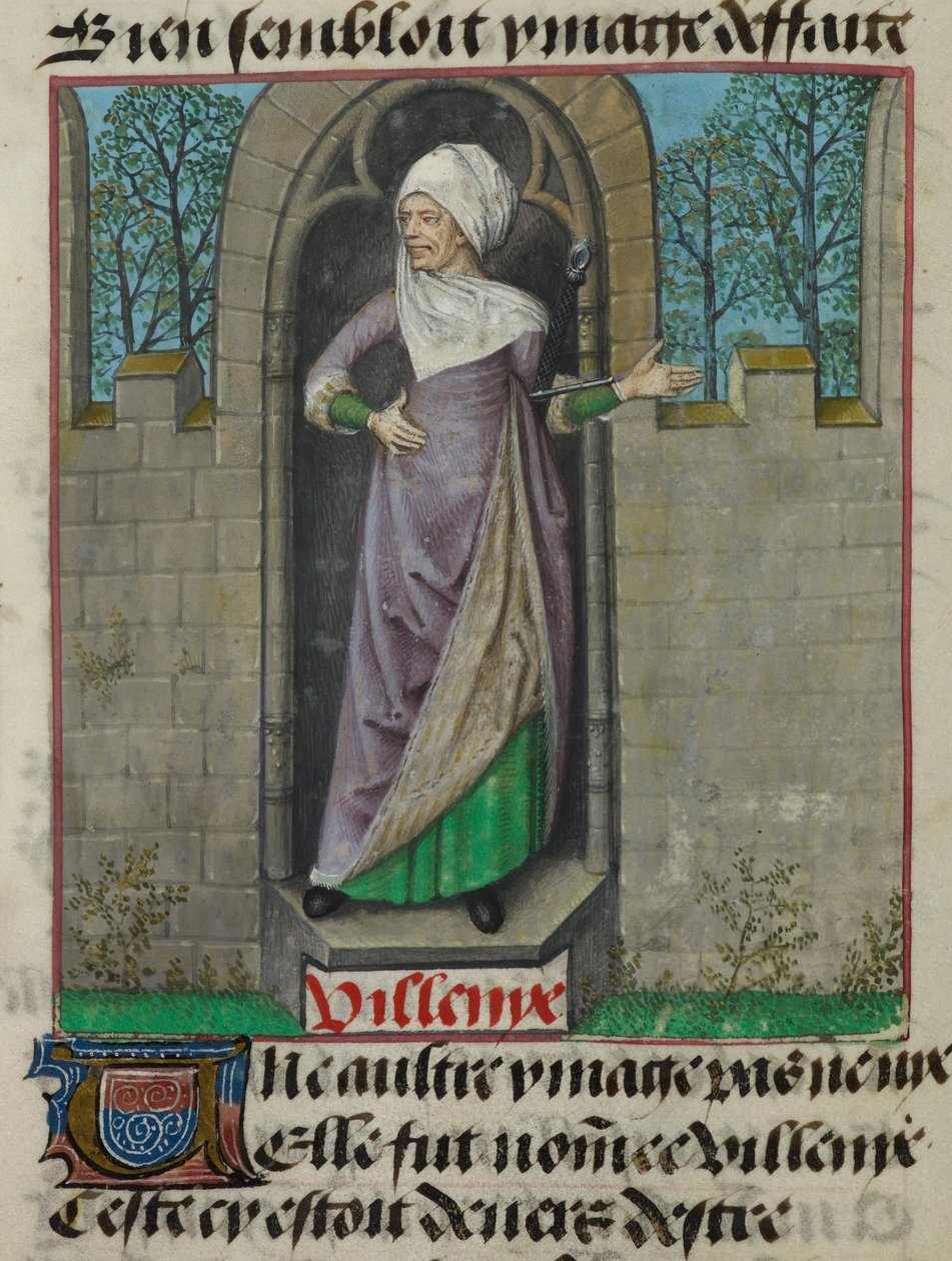 Yksityiskohta Vilenien (Villainy) allegorisen hahmon pienoismallista folion toisessa sarakkeessa "Le Roman de la Rose" tekijältä Unknown artist