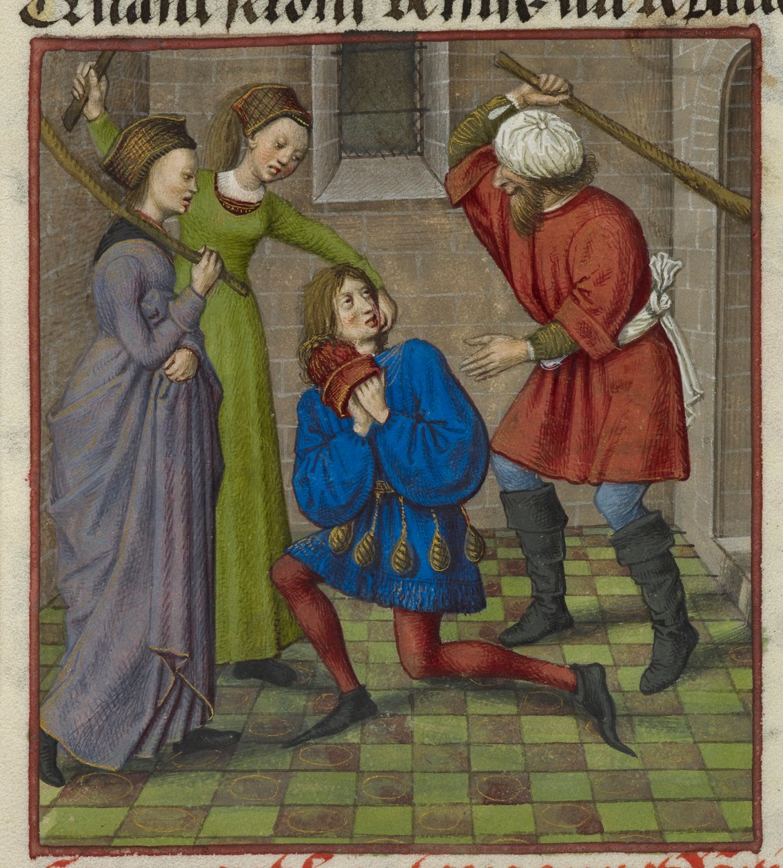 Yksityiskohta pienoiskoosta, jossa Honte, Peur ja Danger hyökkäävät rakastajaan, elokuvasta "Le Roman de la Rose" tekijältä Unknown artist