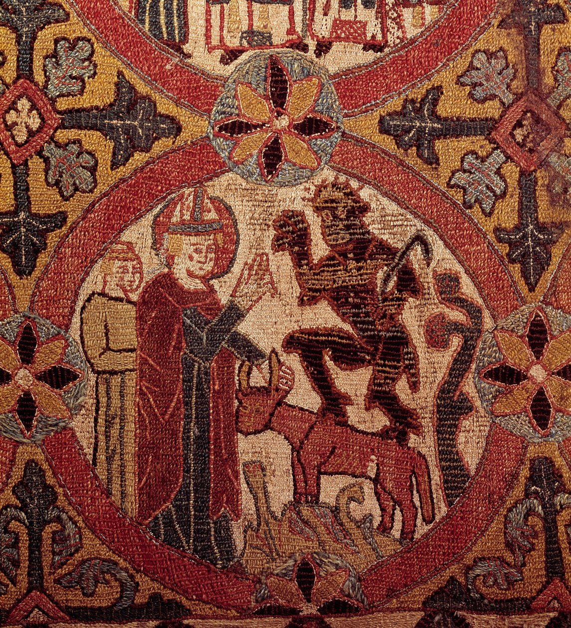Yksityiskohta brodeerauksesta, joka kuvaa Pyhän Martinin kiusausta. Islantilainen kuvakudos. 1390-1403. Pariisi, Keskiajan kansallismuseo, Thermes de Cluny tekijältä Unknown artist