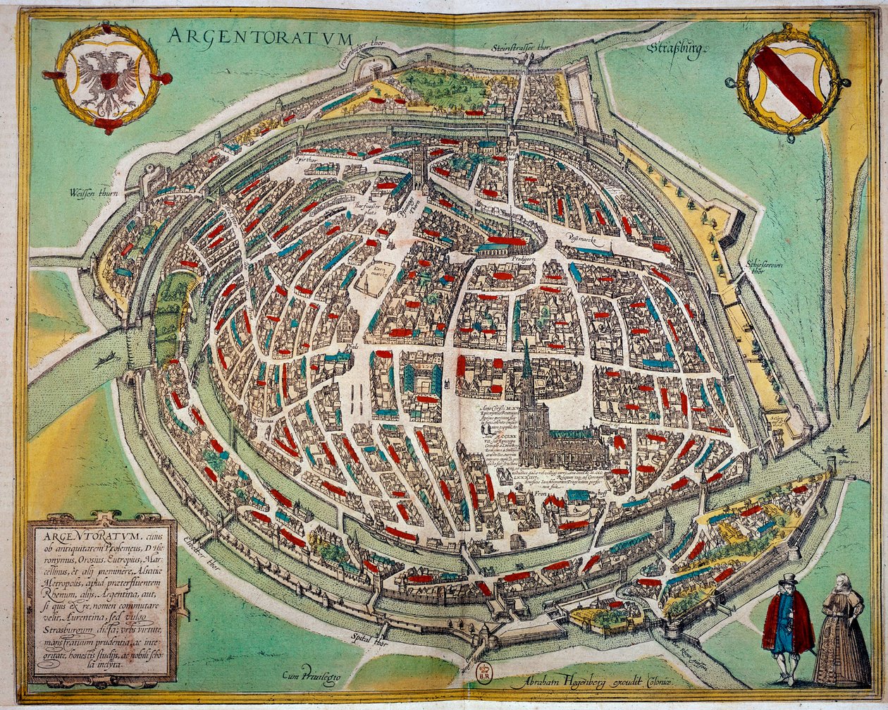 Yksityiskohtainen kartta Strasbourgin kaupungista, jonka on tehnyt Abraham Hogenberg (n. 1608-1653). Kaiverrus 1600-luvun Pariisista B.N. tekijältä Unknown artist