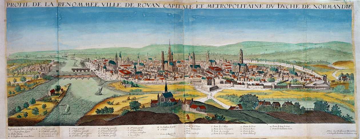 Yksityiskohtainen näkymä Rouenin kaupunkiin Normandiassa. Kaiverrus 1600-luvulta. Paris B.N. tekijältä Unknown artist