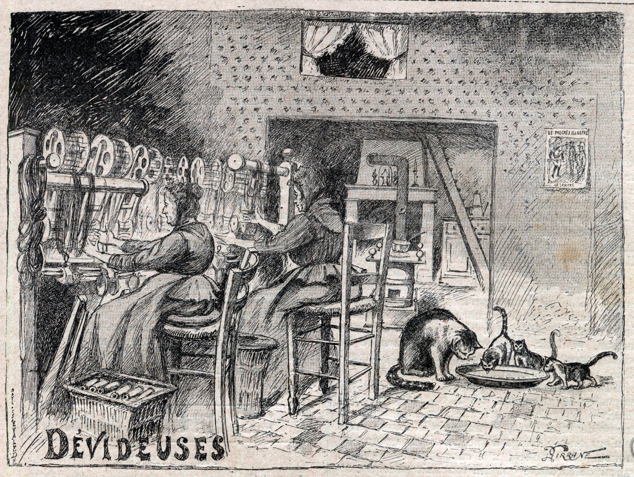 Devideuses - Atelier de Canut - silkkikutojan työpajan sisustus Lyonissa kaiverrus "Le Progres illustrious" -kirjassa vuodelta 1895 tekijältä Unknown artist
