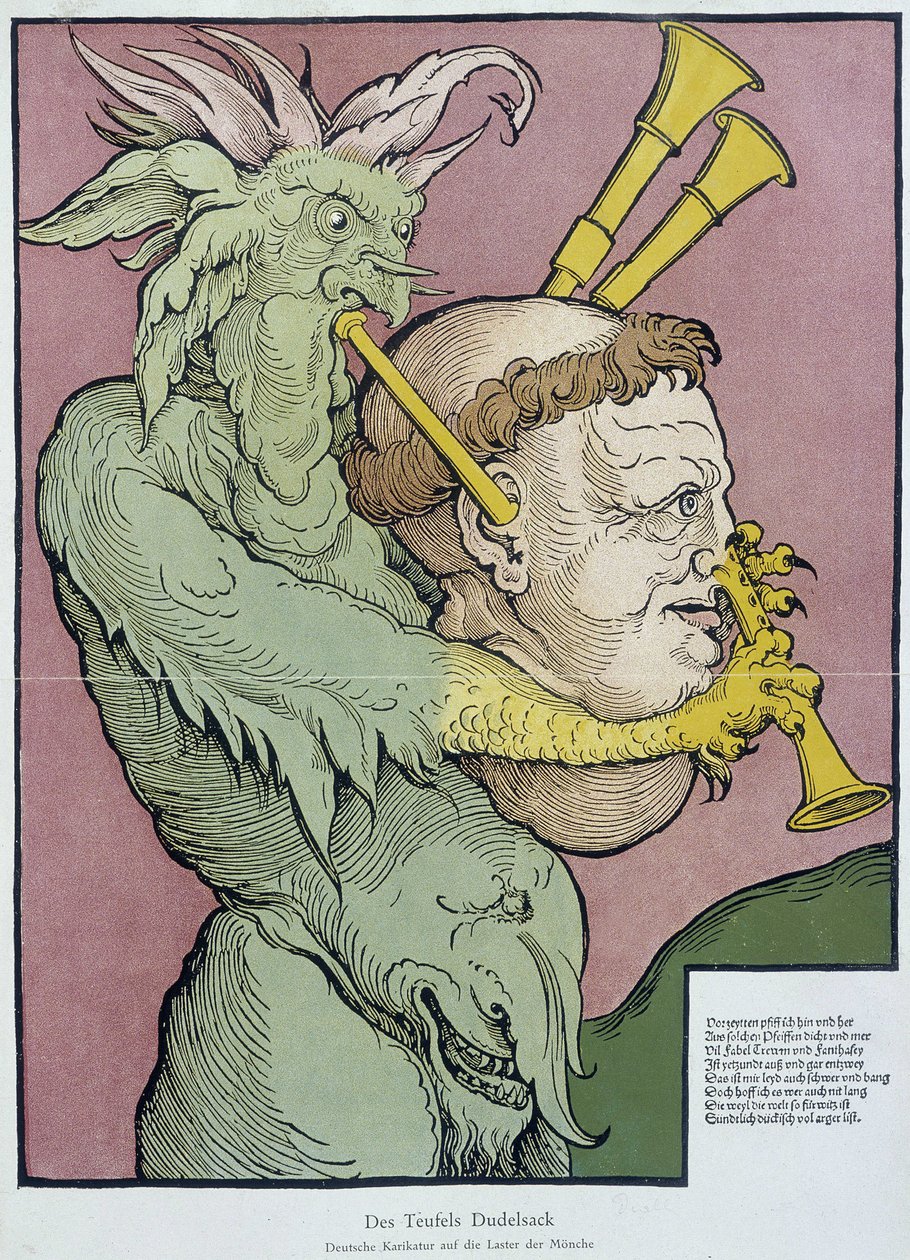 Paholainen soittamassa säkkipilliä munkin päällä - kaiverrus tekijältä Unknown artist