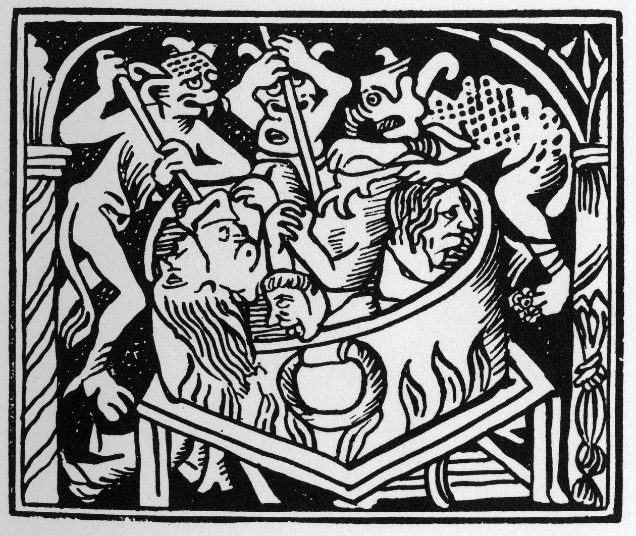 Paholaiset piinaavat reheviä tulen ja rikin kaivossa - "" Grand Calendrier et Compost des Bergersissä", Lyon tekijältä Unknown artist