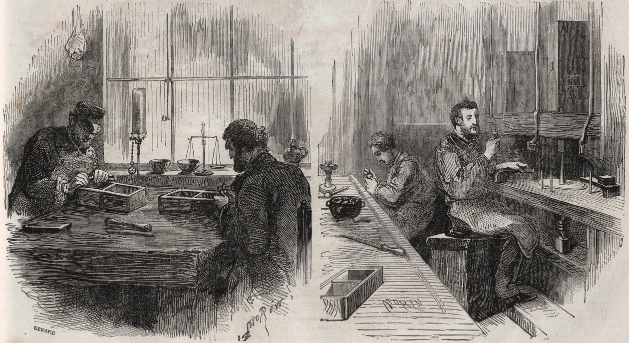 Timanttileikkaus työpajassa Alankomaissa: halkaisukoneet ja kiillotuskoneet - Kaiverrus ”” Le Monde Illustré”” tekijältä Unknown artist