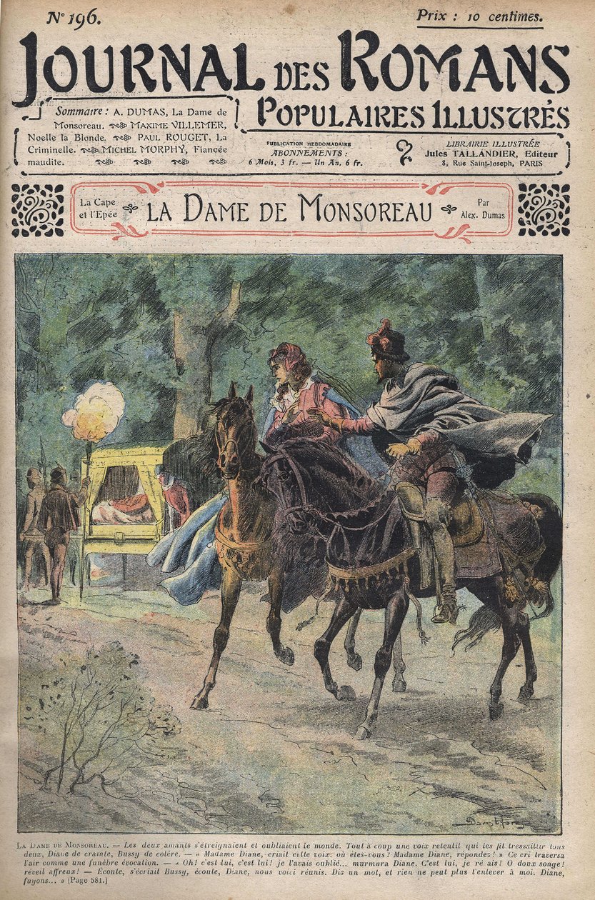 Diane soitti miehensä ratsastaessaan rakastajansa Bussyn kanssa. Kuva Alexandre Dumasin romaanista "" La Dame de Monsoreau". Julkaisussa "" Journal of Illustrated Popular Novels "". tekijältä Unknown artist