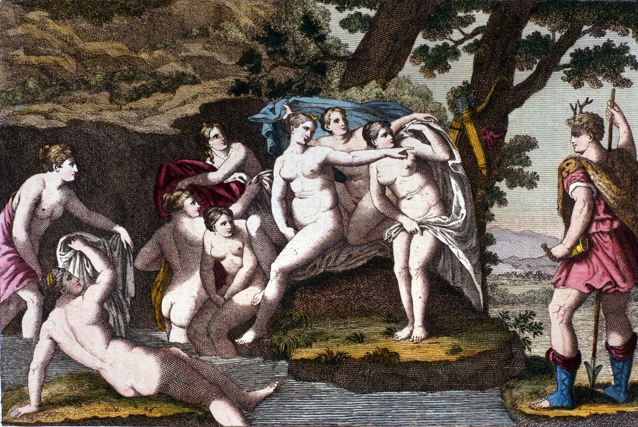 Metsästäjä Acteon sai Dianen kylvystä kiinni. Kaiverrus "" Dizionario mitologico """ 1800-luvulta tekijältä Unknown artist