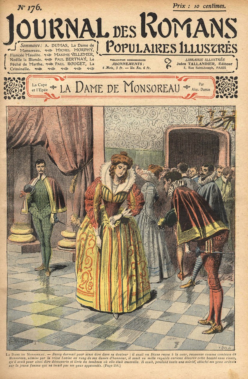 Diane, joka tunnettiin Monsoreaun kreivitärnä, tuomittiin hoviin. Kuva Alexandre Dumasin "" The Lady of Monsoreau" -kuvasta. "" Kuvitettujen suosittujen romaanien lehdessä"". tekijältä Unknown artist