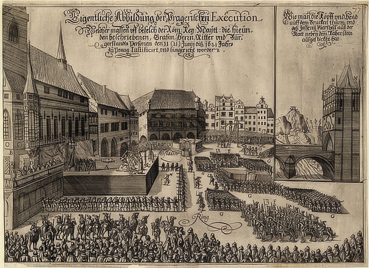 Boheemin kapinallisten teloitus Prahan Vanhankaupungin aukiolla. 1621 tekijältä Unknown