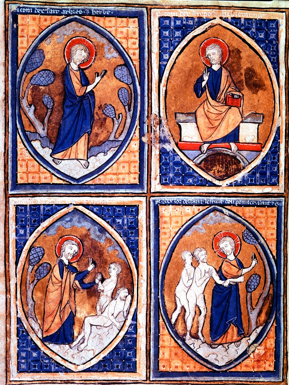 Maailmanluomisen eri vaiheet esitelty mandorleissa. Miniatyyri 1200-luvun käsikirjoituksesta. Porto, kaupunginkirjasto tekijältä Unknown artist