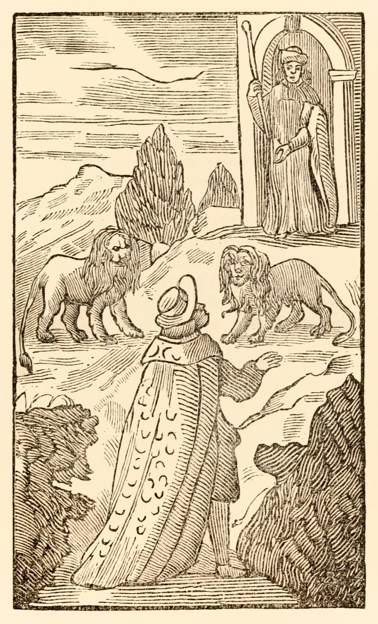 Vaikeus on takana, pelko on ennen elokuvasta Pyhiinvaeltajat edistyvät tästä maailmasta, siihen, mikä on tulossa, kirjoittanut John Bunyan (1628-1688) Christian kulkee leijonien välissä, kun portteri katselee valppaana tekijältä Unknown