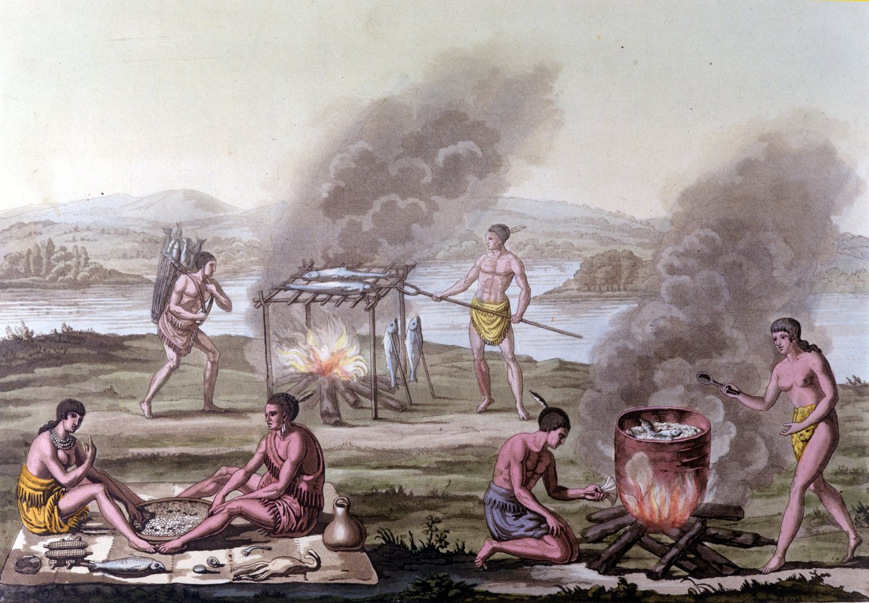 Ruokailu- ja ruoanlaittopaikka Floridan intiaanien keskuudessa. 1700-luvun kaiverrus. tekijältä Unknown artist