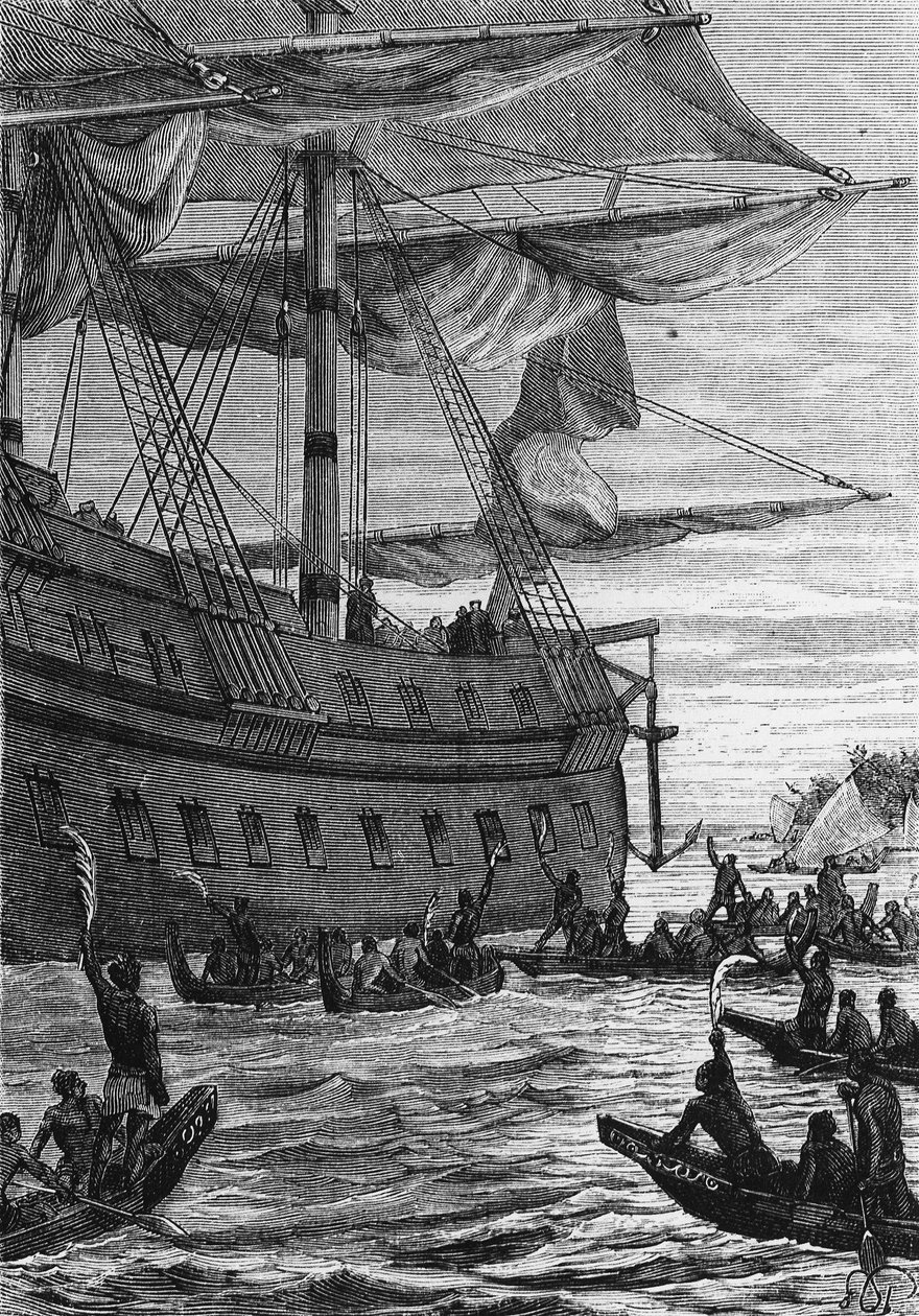 Discovery des Indes: Wallisin matka Tyynellämerellä; Alkuperäiset ihmiset tapaavat kaksoispisteitä - Jules Vernen julkaisussa Les Voyageurs du 18eme et 19eme ecle, toim. Hetzel et Cie, Pariisi. tekijältä Unknown artist