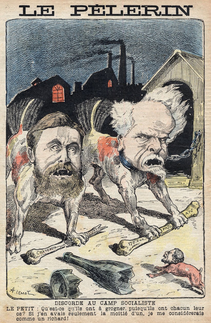 Sosialistien Jean Jauresin (1859-1914) (vas.) ja Henri Rochefortin (1831-1913) (oikealla) väliset kiistat. Kuvitus "" Le Pelerin" -julkaisussa 19. kesäkuuta 1898. tekijältä Unknown artist