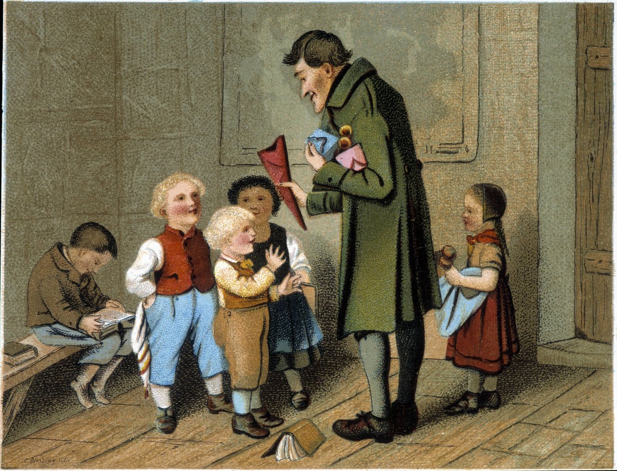 Palkintojen jako koulussa - kromolitografia, 1800-luvun loppu tekijältä Unknown artist