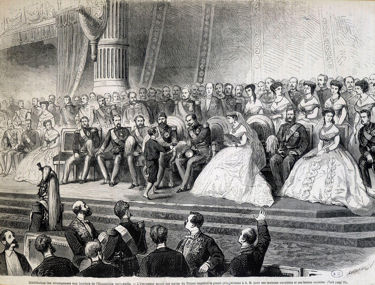 Palkintojen jakaminen maailmannäyttelyn palkituille - Keisari saa pojaltaan keisarillisen prinssin työläisten talojen ja mallitilojen Grand Prix -palkinnon tekijältä Unknown artist
