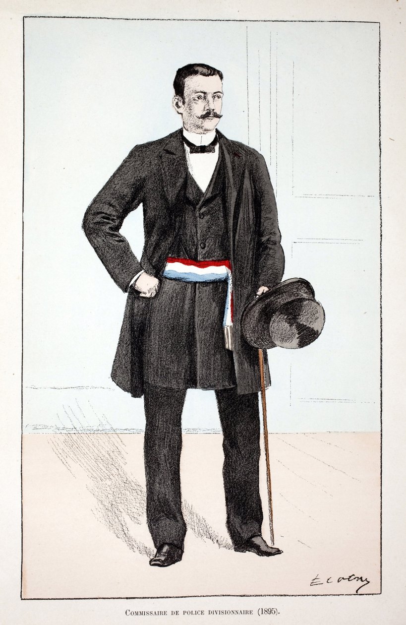 Poliisiosaston komentaja (1896). Etsaus väreillä, havainnollistava "" Rauhanturvaajien joukkojen historia"" -kirja, joka on julkaistu Louis Lepinen (1846-1933) Seinen poliisin prefektin suojeluksessa, Alfred Rey (1864-?) ja Louis Iron tekijältä Unknown artist