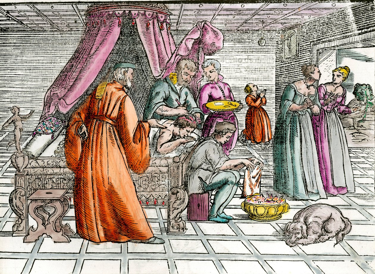 Lääkäri: "" Trepanaatio""" Kirurgi käyttää potilaansa kalloa. Kaiverrus 1500-luvun yksityiskokoelmasta tekijältä Unknown artist