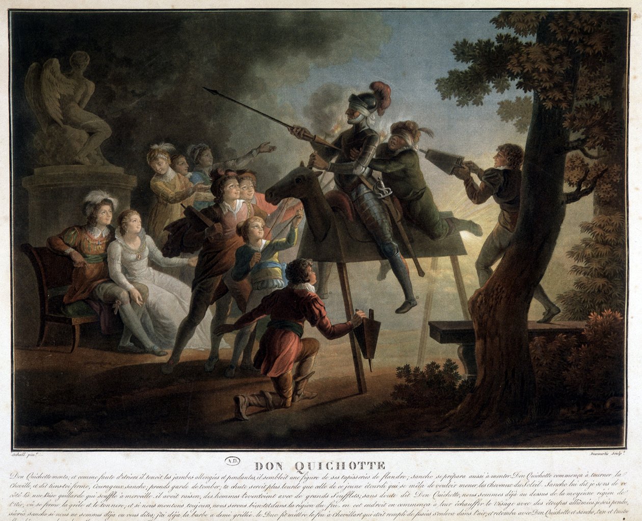 Don Quijote ja Sancho puuhevosella. tekijältä Unknown artist