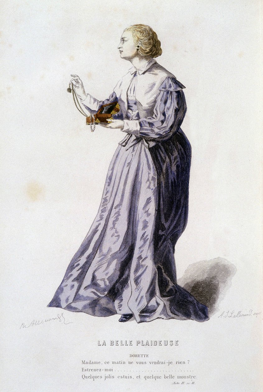 Dorette elokuvassa ""kaunis vetoomuksen esittäjä"" (Bois Robert vuonna 1654), Edouard Fournierin ""Ranskalainen teatteri 1500- ja 1700-luvuilla ennen Molierea". tekijältä Unknown artist