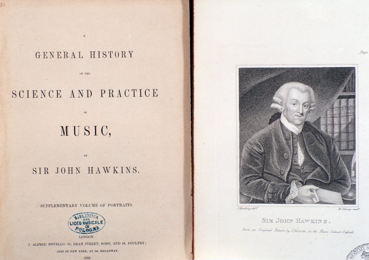 John Hawkinsin teoksessa General History Of The Science and Practice Of Music, tuplasivu ja etukappale tekijältä Unknown artist