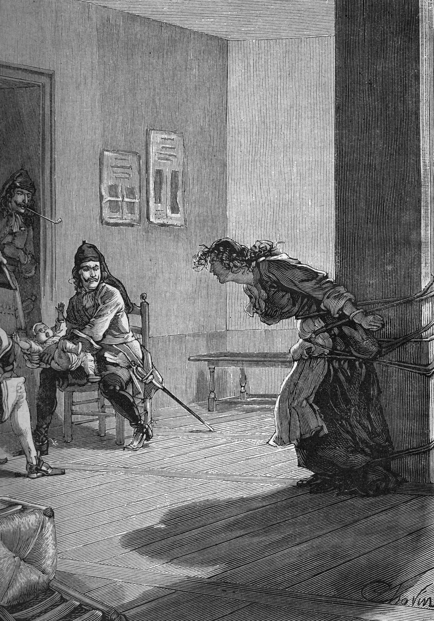 Lohikäärmeet (1685-1686) - protestanttisen perheen kidutus: kuninkaan sotilaat, lohikäärmeet pitelevät vauvaa, kun hänen äitinsä on kiinnitetty tangoon. Kaiverrus 1800-luvulta. Jules Micheletin teoksessa "Histoire de France". tekijältä Unknown artist