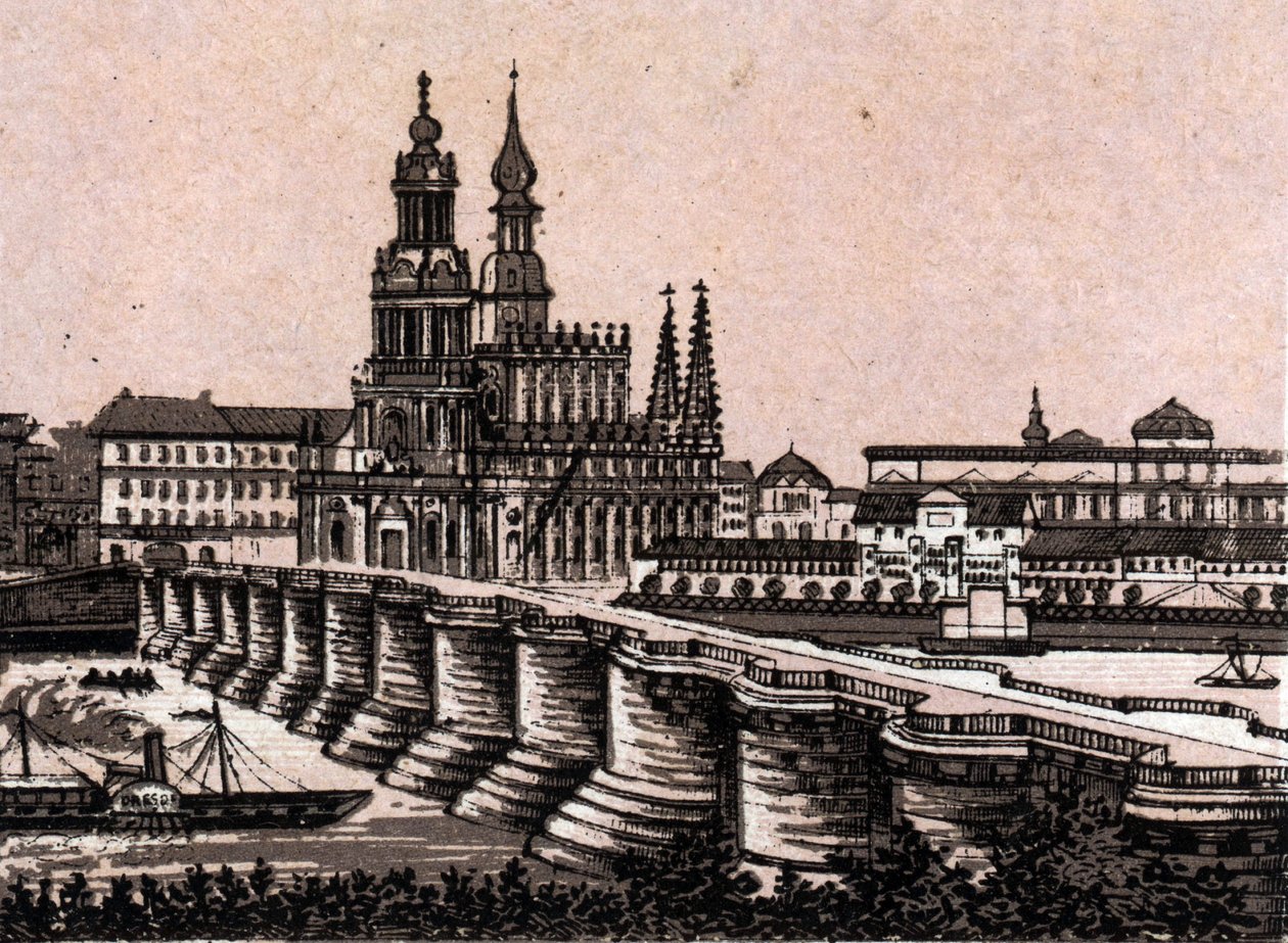 Dresden, Saksa: näkymä Augustus-sillalle Dresdenissä. kirjassa "" Maailma havainnollistaa 168 näkymää"" Päiväämätön (1800-luvun loppu) tekijältä Unknown artist