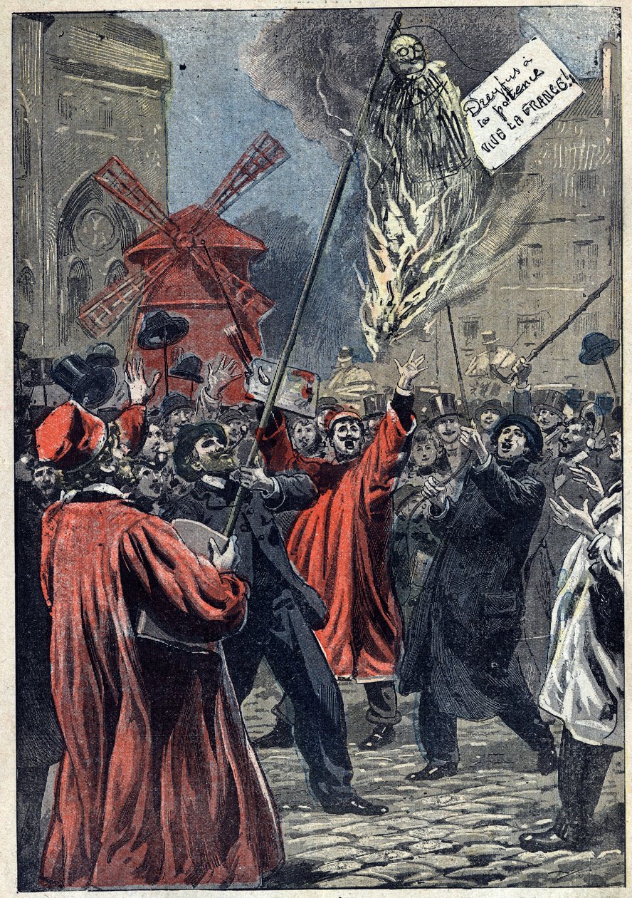 Dreyfusin tapaus - Pariisi - 1898: antisemiittien ilmentymä Montmartressa. Martin Dreyfusin, Alfredin veljen, kuva on bruleena aukiolla, ja hänen kaulassaan roikkuu kyltti: "Dreyfusilla on hirsipuu. Eläköön Ranska!" Kuvitus "" Le Pelerin" -kirjassa, J tekijältä Unknown artist