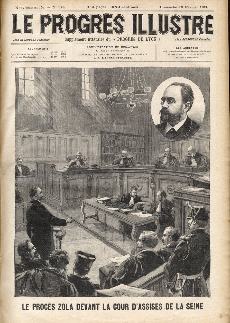 Dreyfusin tapaus: Emile Zola (1840-1902) Seine-tuomioistuimessa Alfred Dreyfusin oikeudenkäynnissä tekijältä Unknown artist