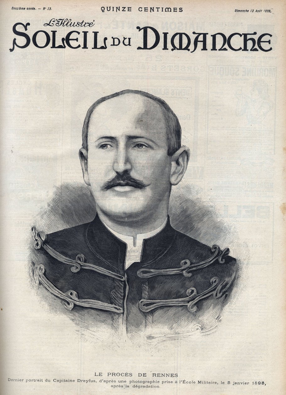 Dreyfusin tapaus: muotokuva Alfred Dreyfusista (1859-1935) hänen rappionsa jälkeen Rennesin oikeudenkäynnissä. Kaiverrus kirjassa "" Le sun-du-dimanche", 13. elokuuta tekijältä Unknown artist