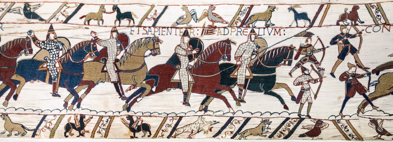 Herttua William rohkaisee joukkojaan valmistautumaan taisteluun Englannin armeijaa vastaan, Bayeux Tapestry (villakirjonta pellavalle) tekijältä Unknown artist