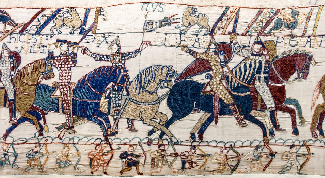 Duke William näyttää kasvonsa armeijalleen, Bayeux Tapestry (villakirjonta pellavalle) tekijältä Unknown artist